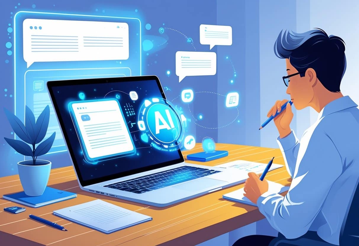 A person sitting at a desk using a laptop surrounded by digital icons and abstract elements representing AI writing tools.
