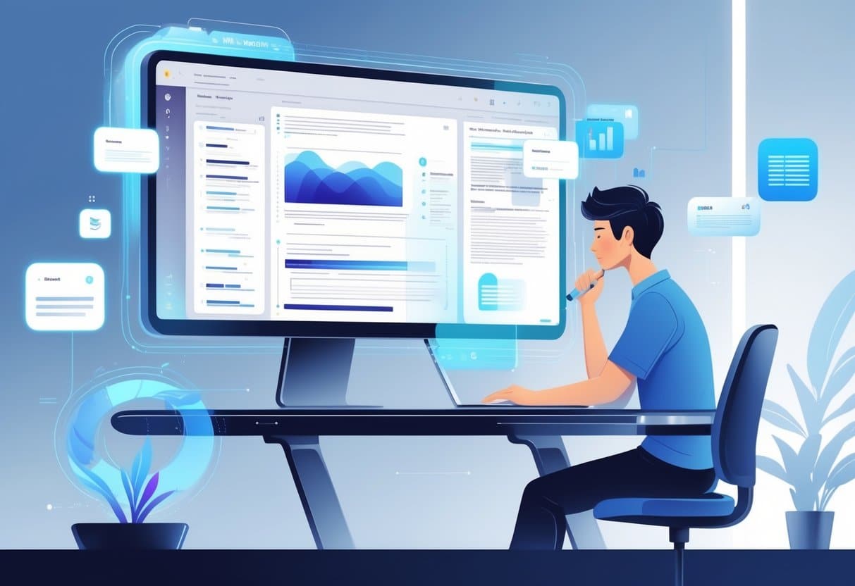 A person working at a desk with a large monitor showing digital writing tools and AI technology in a modern office setting.