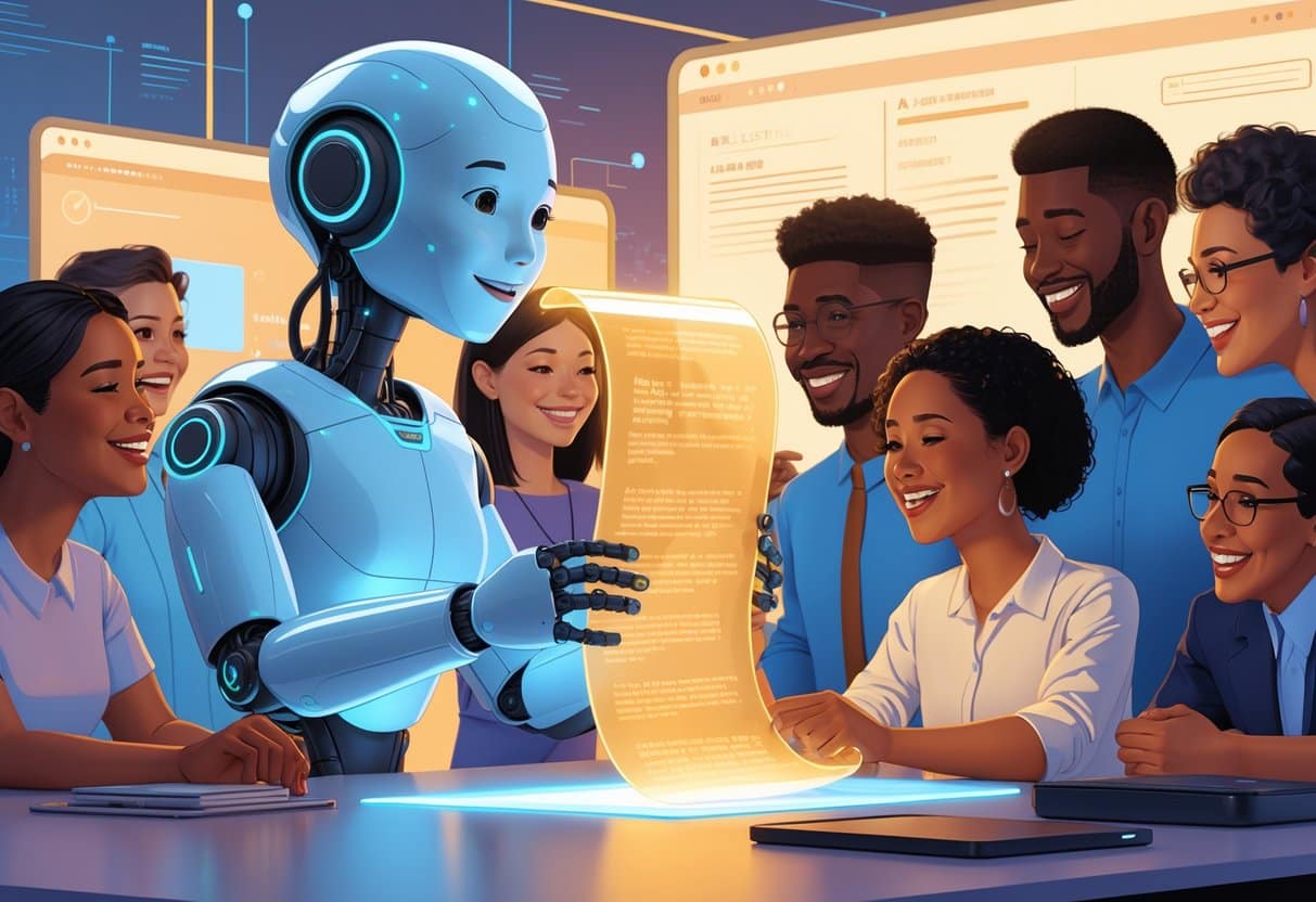 A futuristic robot handing a glowing scroll of text to a diverse group of people who are warmly engaging with it in a modern digital workspace, demonstrating the importance of humanizing AI text for real connection.