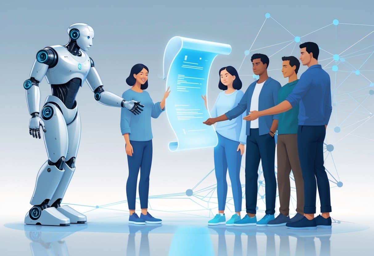 A robot handing a glowing digital document to a diverse group of people, illustrating the process of humanizing AI text for better connection.