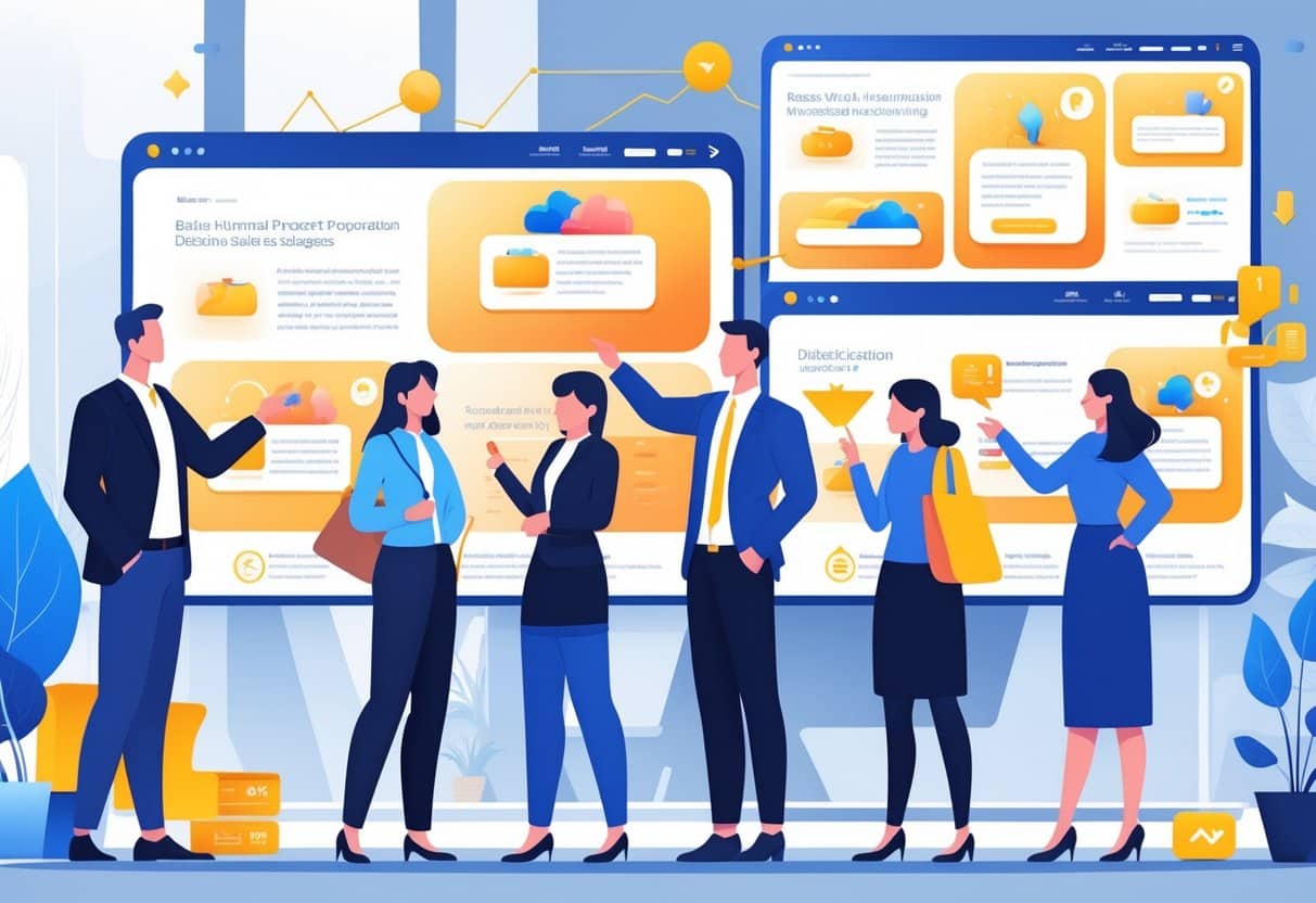 Marketers collaborating on digital screens with vibrant, personalized product descriptions and friendly design elements.